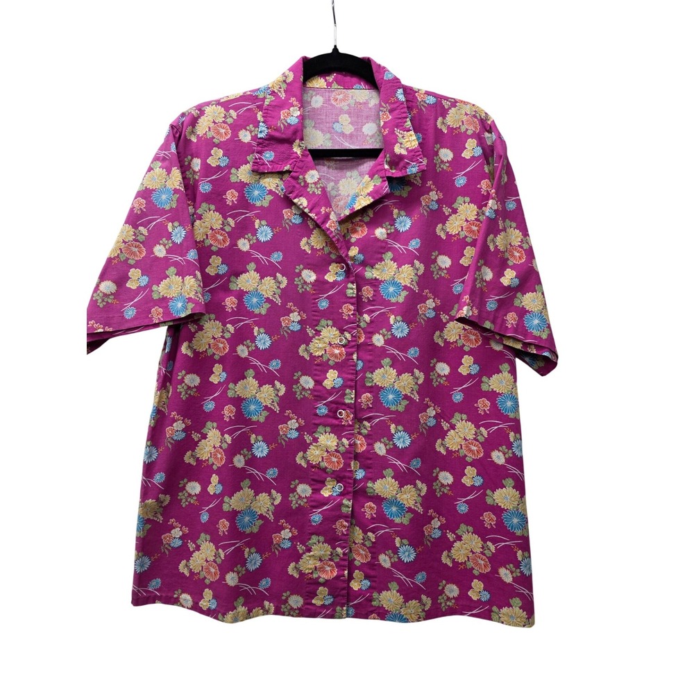 Vintage Style Floral Button Down Shirt Magenta Pink Chrysanthemum Short Sleeve